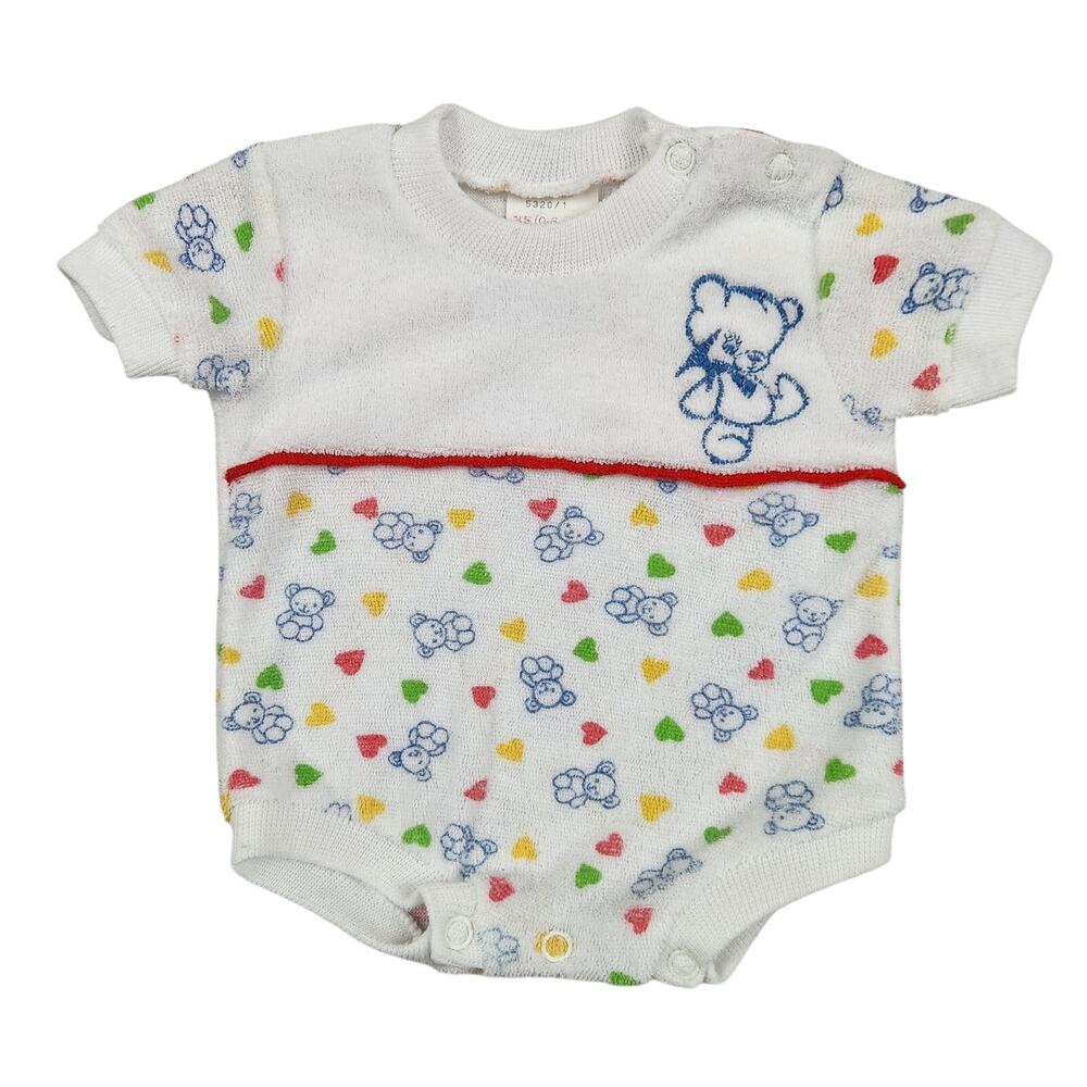 Montgomery Ward 0-3 Vintage 80s 90s Teddy Bear Terry Cloth Bubble Romper Primary